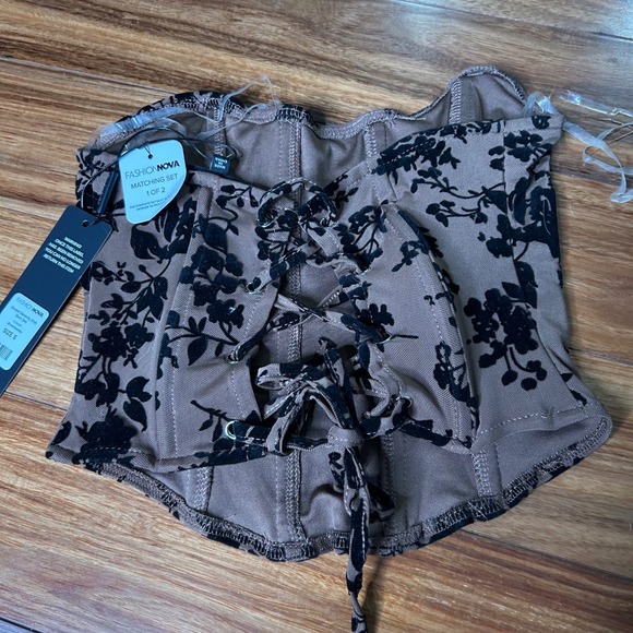 Fashion Nova Swynn Serenity Brown Floral Velvet Corset Top & Midi Skirt Set - Picture 8 of 10